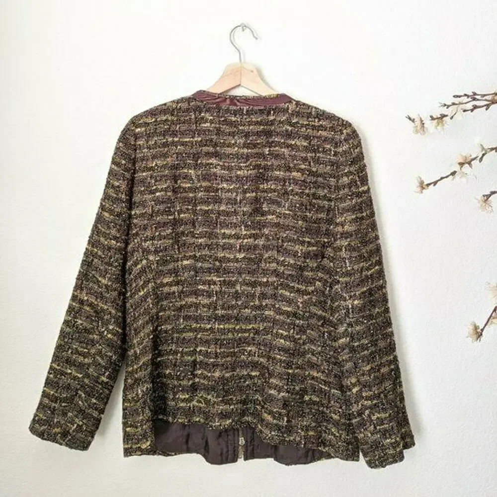 LAFAYETTE 148 NY Blazer Coat‎ Tweed Zip Up Blazer Jacket Brown Trim Women's 10